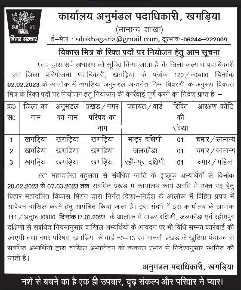 Bihar District Ward Level Latest vacancy 2023