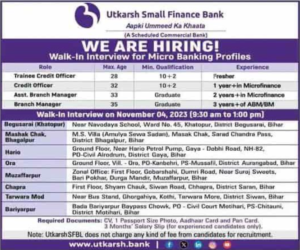 Utkarsh Small Finance Bank Recruitment 2023