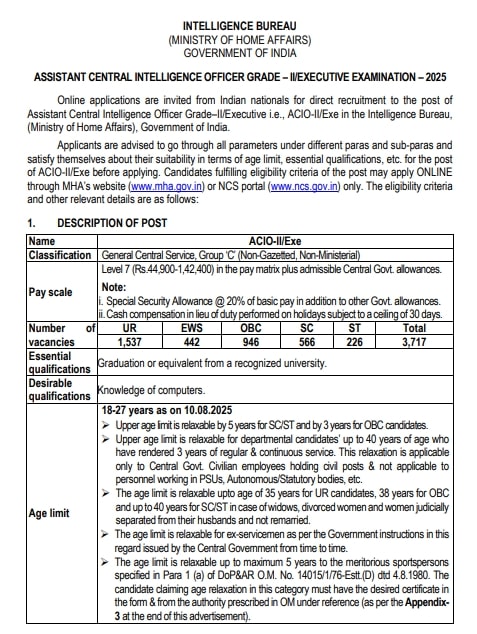 IB ACIO Executive Vacancy 2025