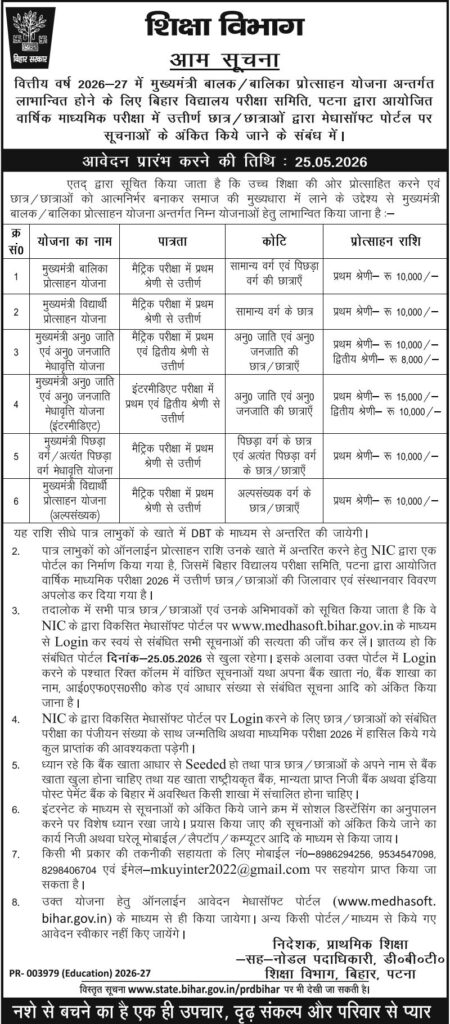 Bihar Board Matric Pass Scholarship 2026