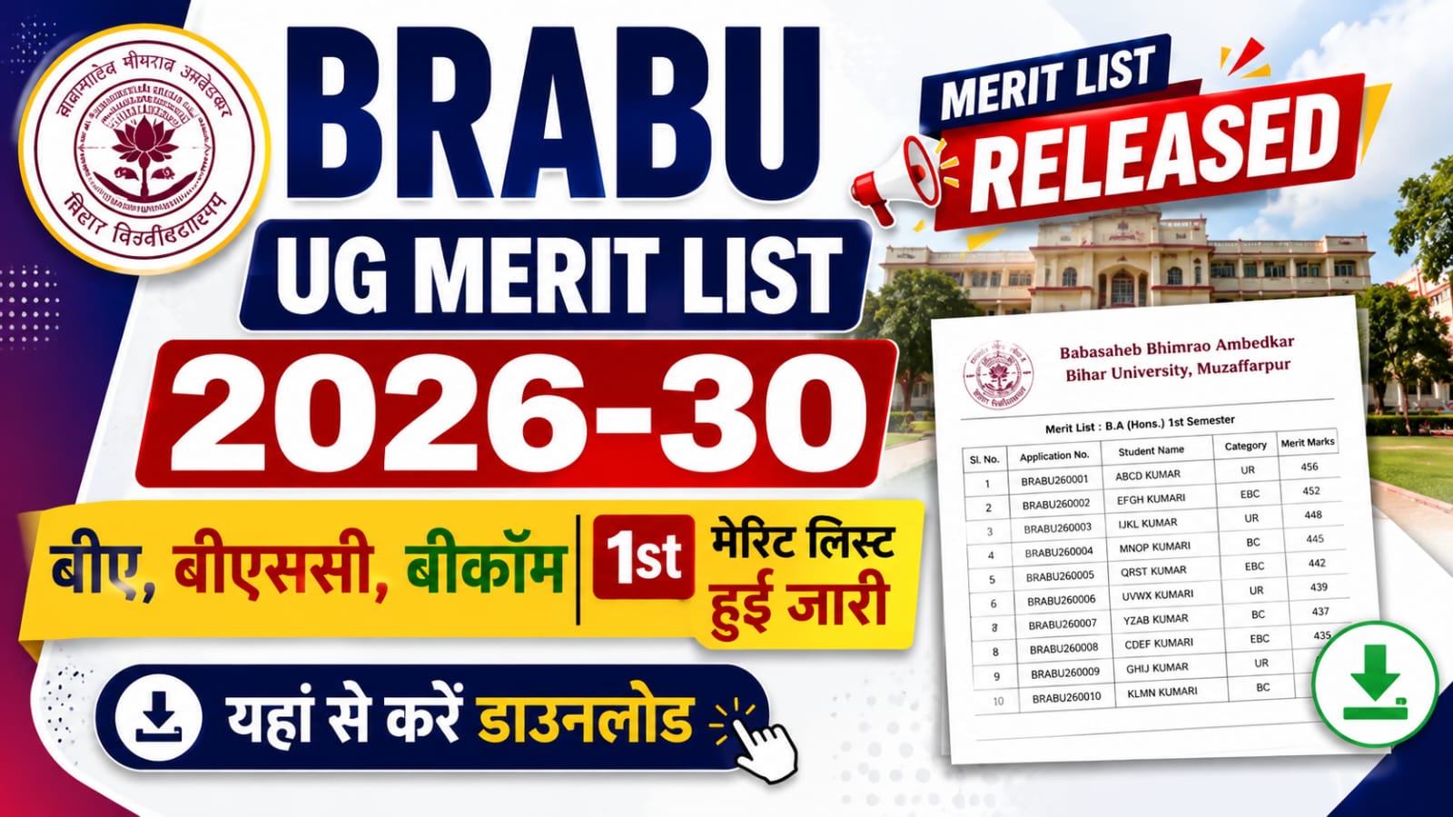 BRABU UG Merit List 2026-30 Released